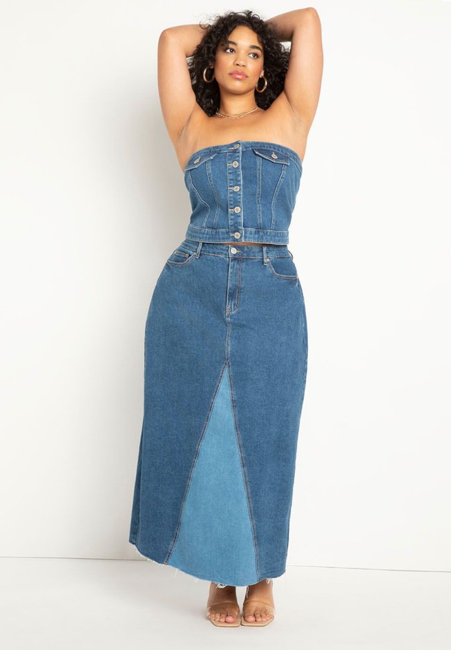 Colorblocked Denim Maxi Skirt image number null