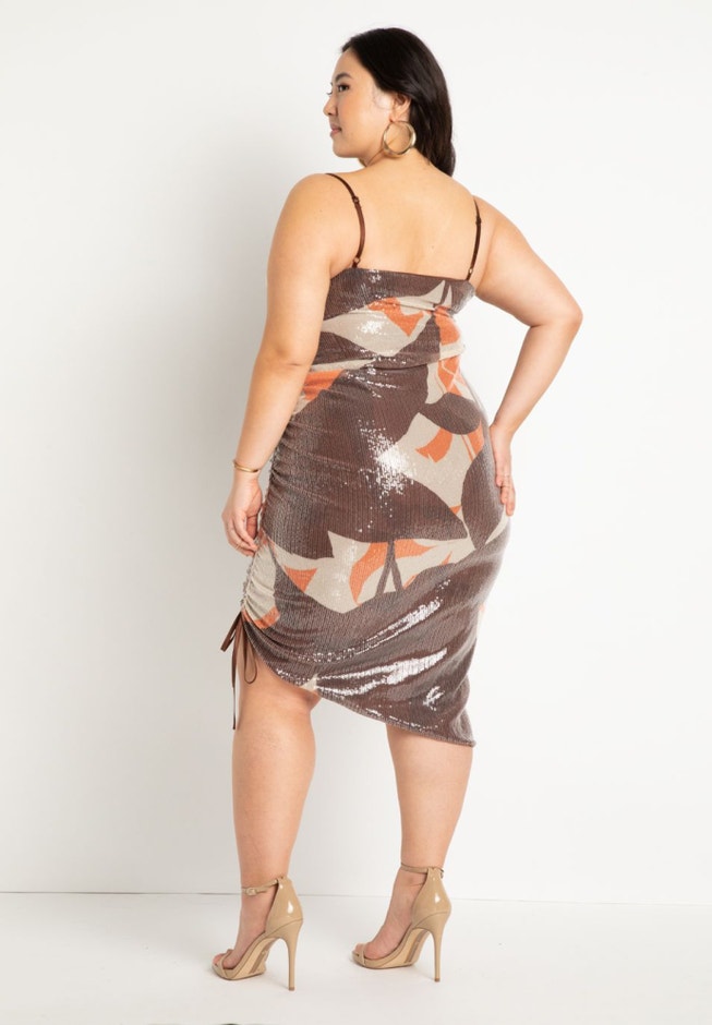 Printed Sequin Dress With Ruched Skirt image number 2