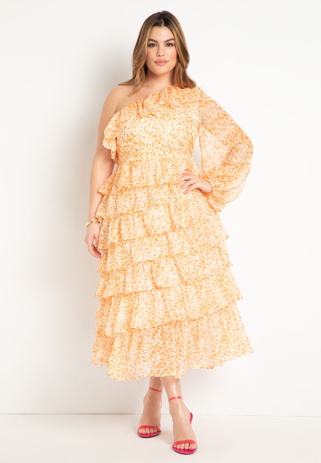 One-Shoulder Chiffon Ruffled Dress, Size 14-28, Coral | ELOQUII One-Shoulder Chiffon Ruffled Dress, Size 14-28, Coral | ELOQUII