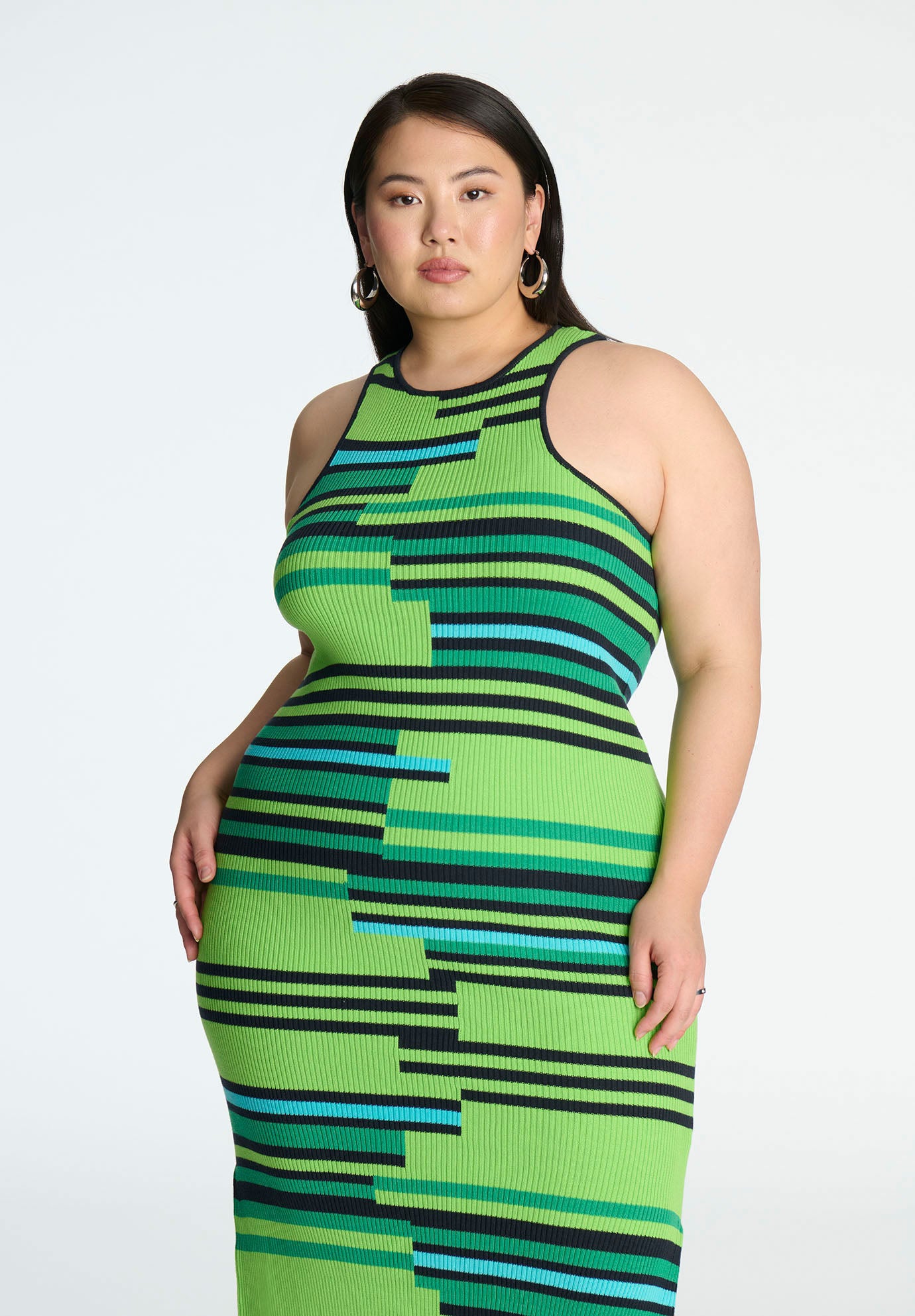 Mixed Stripe Ribbed Dress for All Shapes, Green Steps Stripe