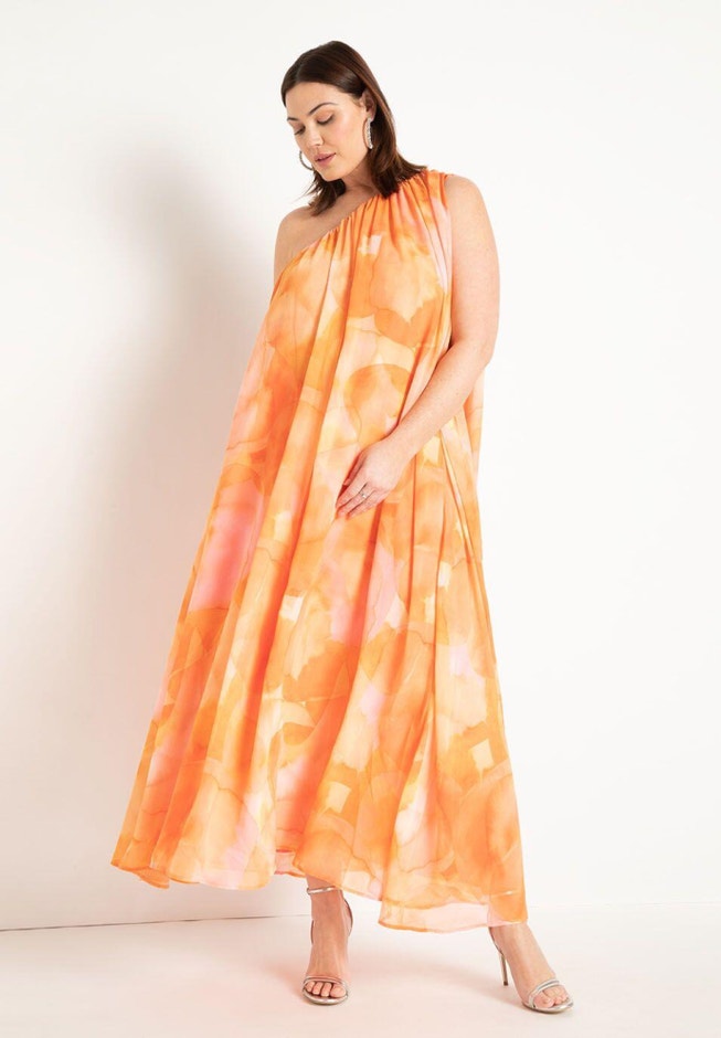 Sheer Trapeze Maxi Dress - Fully Lined Chiffon, Apricot Blossom | ELOQUII Sheer Trapeze Maxi Dress - Fully Lined Chiffon, Apricot Blossom | ELOQUII