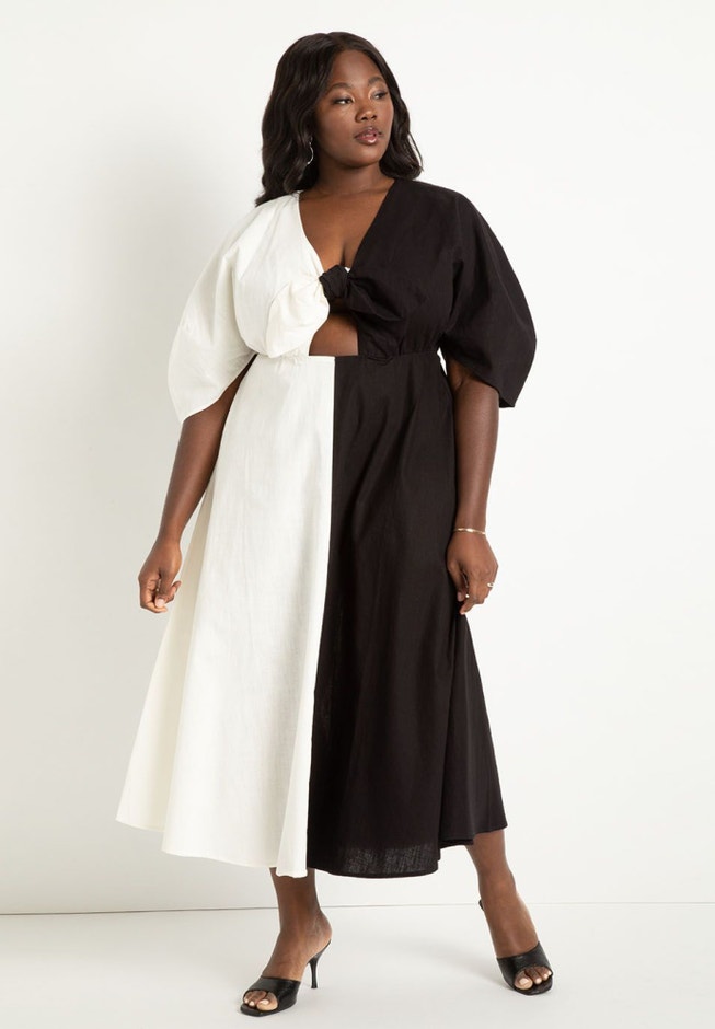 Two-Tone Linen Dress with Tie Front, Black Onyx Snow Whit | ELOQUII Two-Tone Linen Dress with Tie Front, Black Onyx Snow Whit | ELOQUII