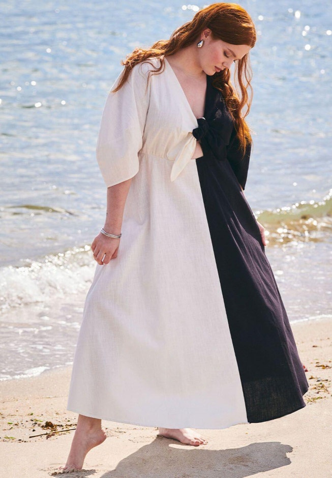 Two-Tone Linen Dress with Tie Front, Black Onyx Snow Whit | ELOQUII Two-Tone Linen Dress with Tie Front, Black Onyx Snow Whit | ELOQUII