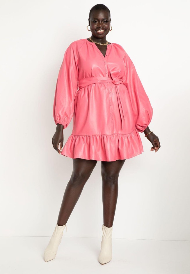 Faux Leather Shirred Mini Dress - Raglan Style, Rapture Rose | ELOQUII Faux Leather Shirred Mini Dress - Raglan Style, Rapture Rose | ELOQUII