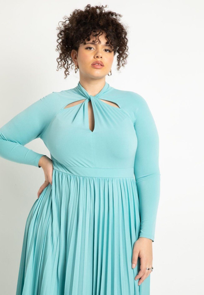 Draped Bodice Dress With Pleated Skirt image number null