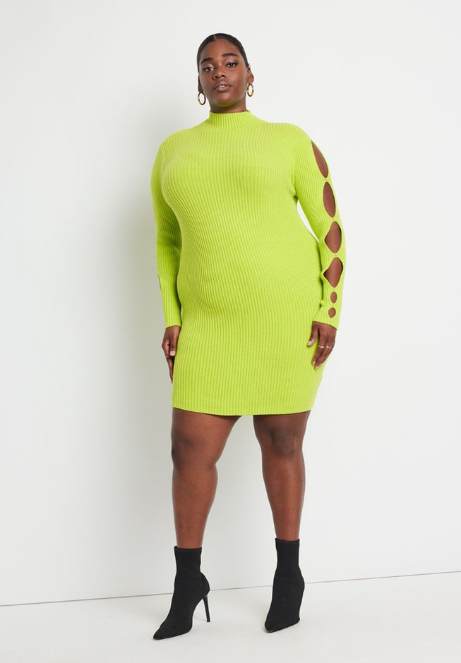 Bodycon Sleeve Cutout Sweater Dress, Lime Punch | ELOQUII Bodycon Sleeve Cutout Sweater Dress, Lime Punch | ELOQUII