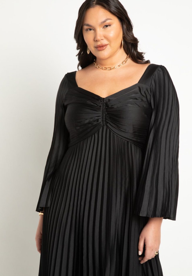 Pleated Satin Maxi Dress with Flare Sleeve, Black | ELOQUII Pleated Satin Maxi Dress with Flare Sleeve, Black | ELOQUII