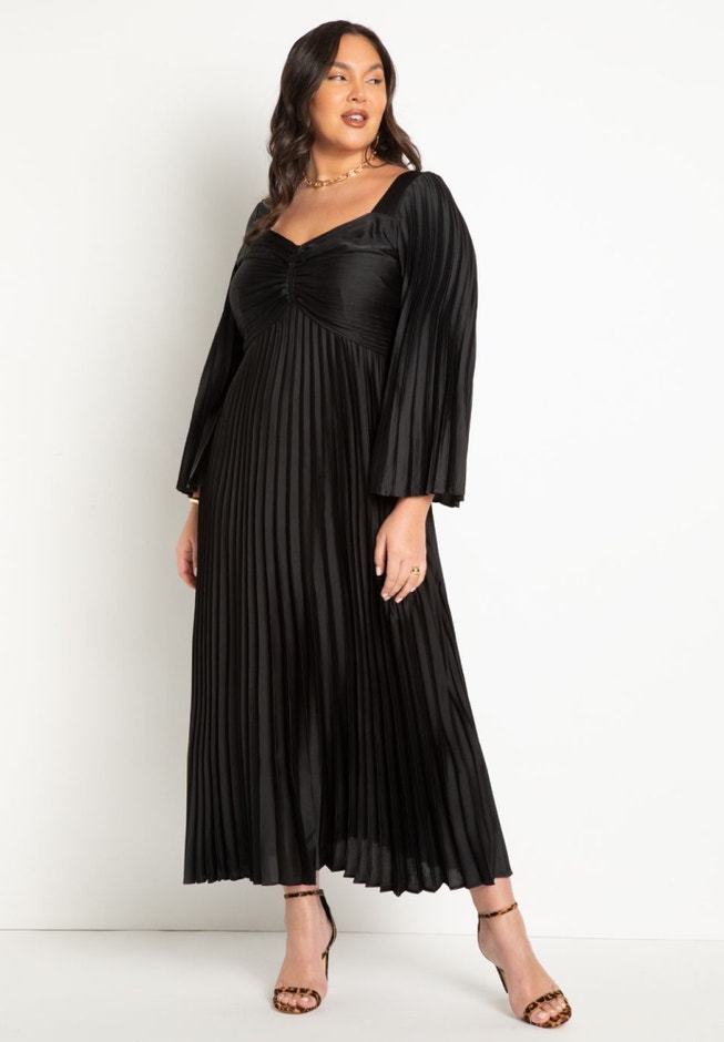 Pleated Satin Maxi Dress with Flare Sleeve, Black | ELOQUII Pleated Satin Maxi Dress with Flare Sleeve, Black | ELOQUII