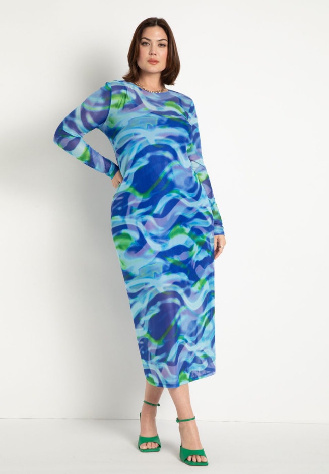 Printed Mesh Long Sleeve Dress, Mar Swirl | ELOQUII Printed Mesh Long Sleeve Dress, Mar Swirl | ELOQUII
