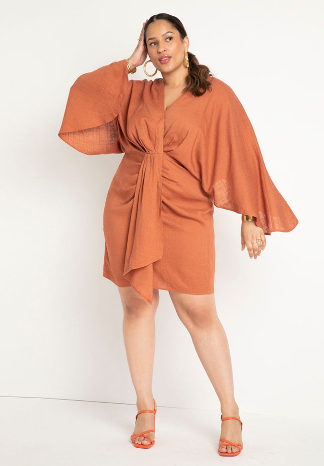 Draped Linen Dress with Flowy Sleeves, Chutney | ELOQUII Draped Linen Dress with Flowy Sleeves, Chutney | ELOQUII