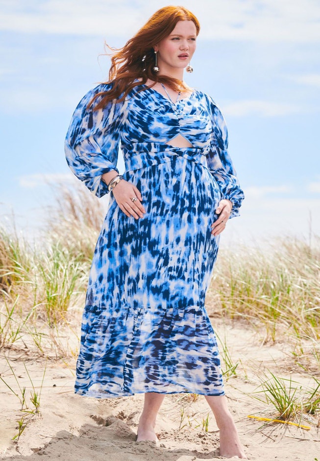 Maxi Halter Detail Dress with Puff Sleeve, Set Sail | ELOQUII Maxi Halter Detail Dress with Puff Sleeve, Set Sail | ELOQUII
