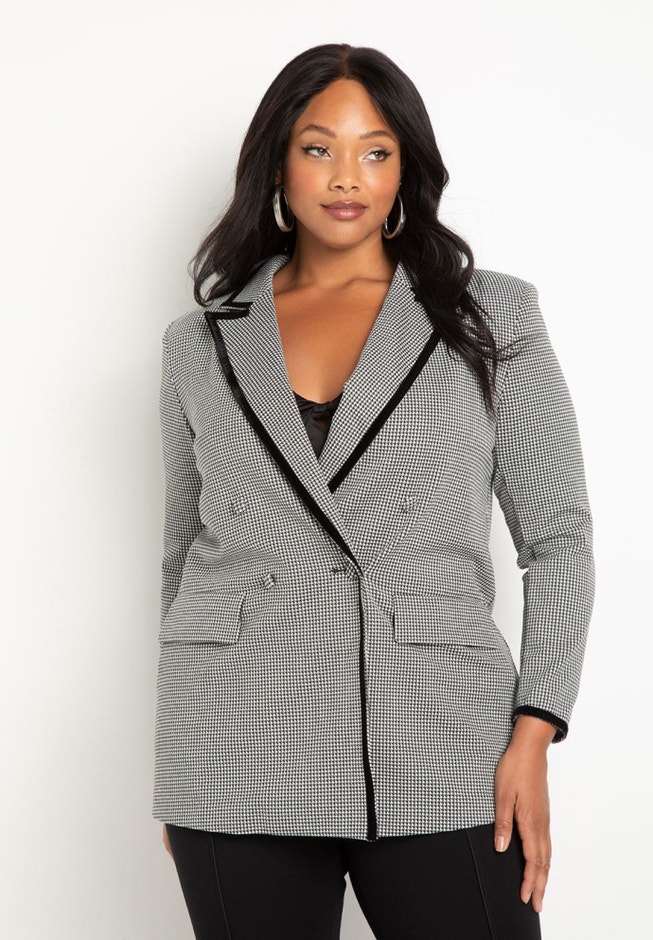 Houndstooth Exaggerated Shoulder Blazer image number null