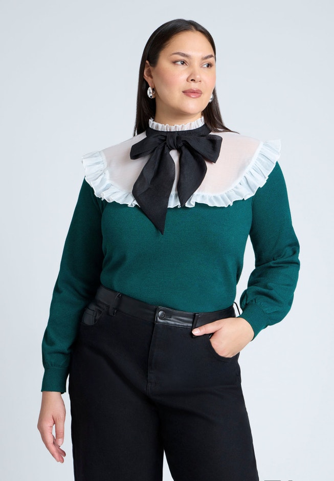 Sheer Yoke Sweater With Tie Neck image number null