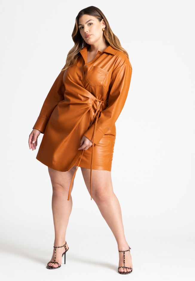 Faux Leather Wrap Detail Shirt Dress image number null