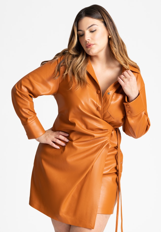 Faux Leather Wrap Detail Shirt Dress image number null