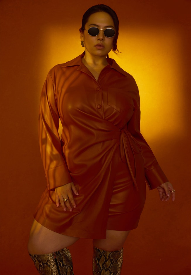 Faux Leather Wrap Detail Shirt Dress image number null