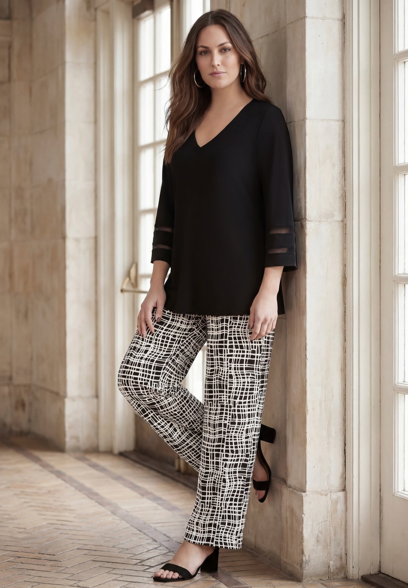 Stretch Knit Mesh Inset Sleeve Tunic image number 0