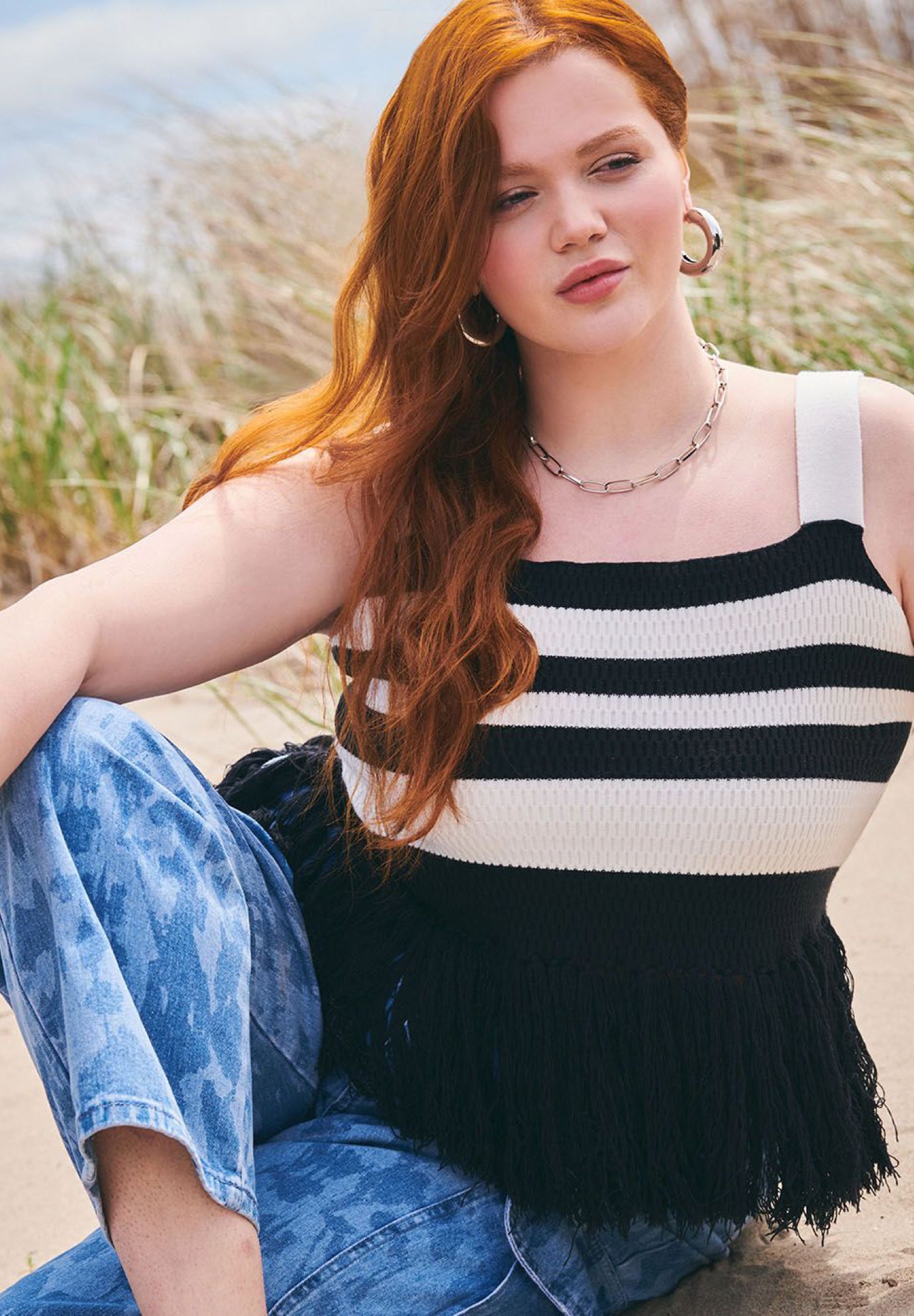 Striped Knitted Fringe Hem Tank image number 0