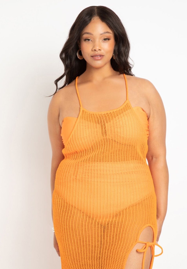 eloquii orange dress High Slit Crochet Coverup Maxi Dress, Vibrant Orange