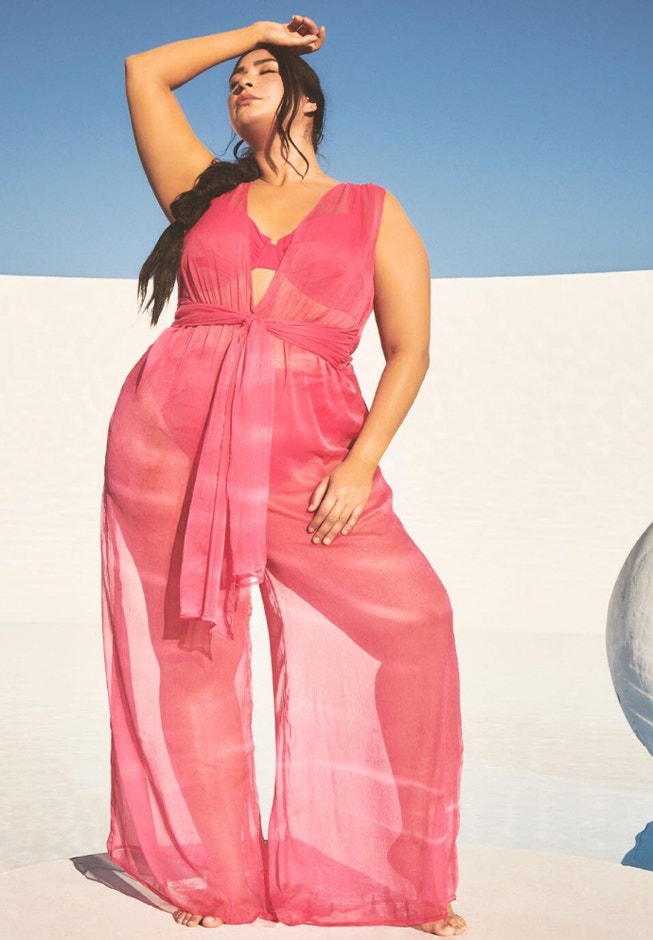 Gabi Fresh Swim x ELOQUII Plunge Neck Tie Front Coverup Jumpsuit image number null