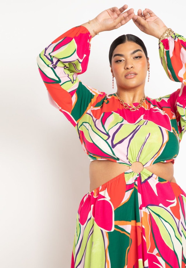 Gabi Fresh Swim x ELOQUII Ring Front Cutout Coverup Maxi Dress with High Slit image number 3