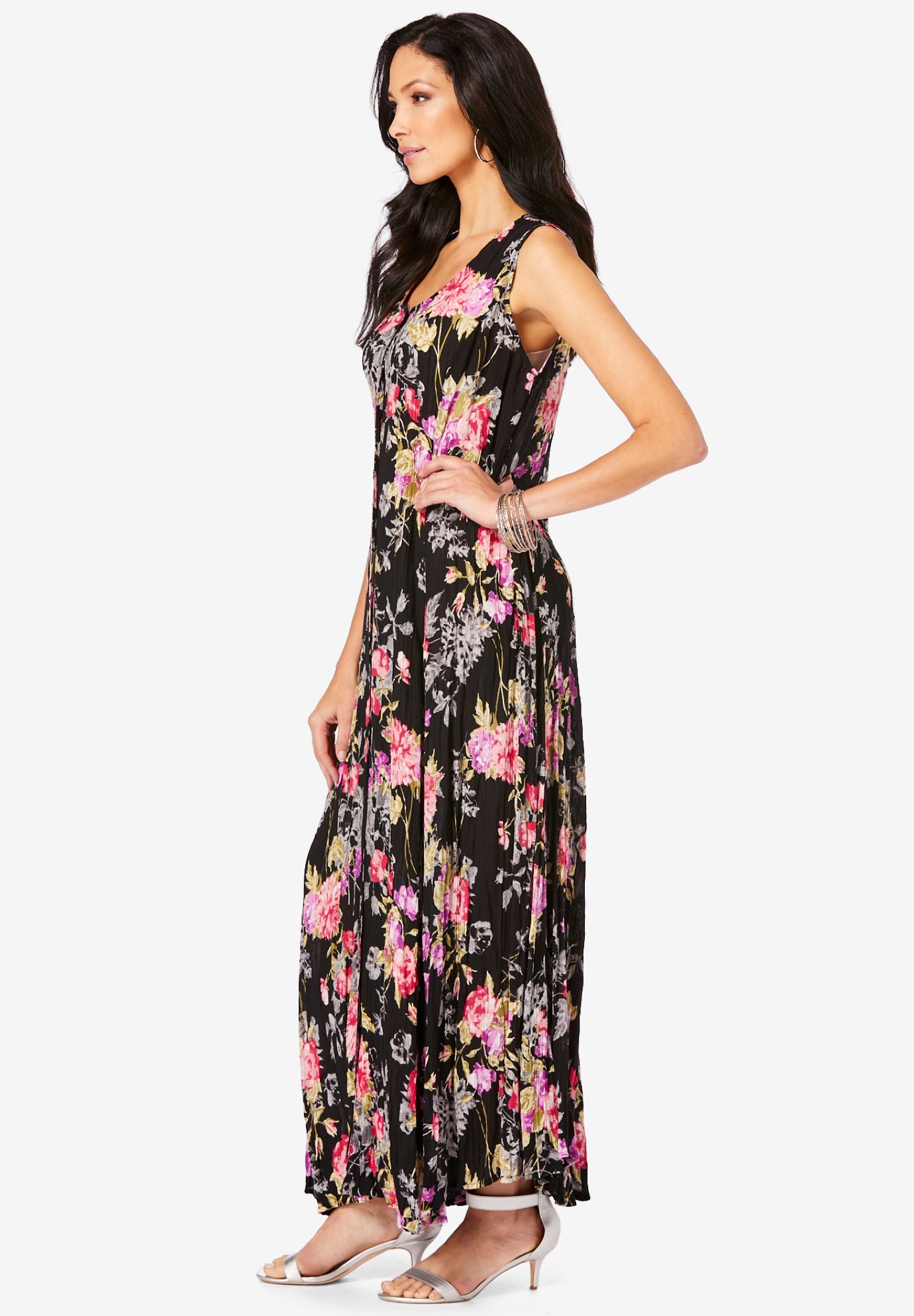 Plus Size Sleveless Hand-Crinkled Button-Front A-Line Maxi &ndash; Curvy Breezy Dress image number 2