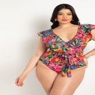 Ruffle Shoulder One Piece Swimsuit With Belt image number null