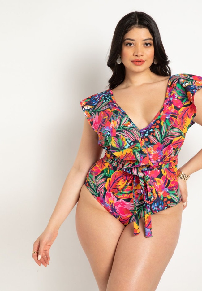 Ruffle Shoulder One Piece Swimsuit With Belt image number 1