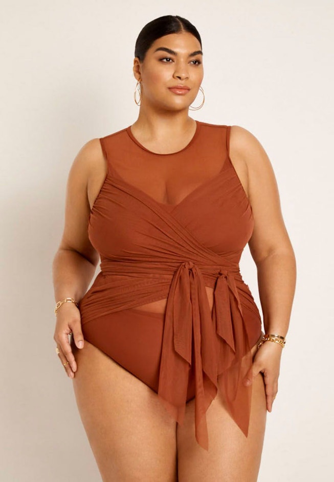 Gabi Fresh Swim x ELOQUII Wrap Detail Mesh Swimsuit image number 1