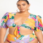 Puff Sleeve Tie Front Bikini Top image number null