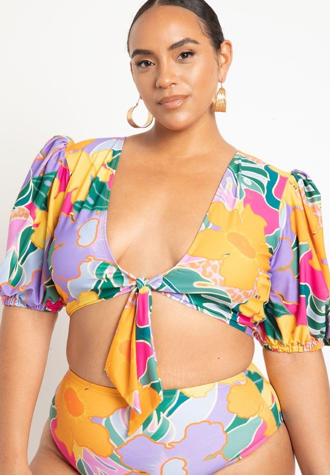 Puff Sleeve Tie Front Bikini Top image number 1