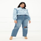 ELOQUII Elements Chambray Ruffle Bib Shirt image number null