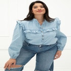 ELOQUII Elements Chambray Ruffle Bib Shirt image number null