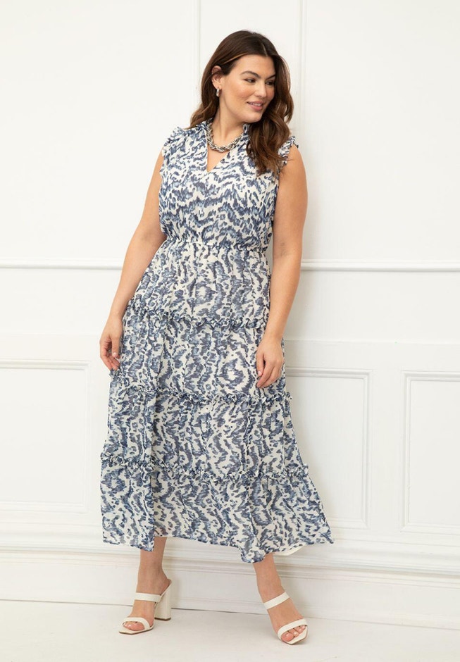 Sleeveless Ruffle Dress - Elastic Waist Trim, Animal Ikat Blue | ELOQUII Sleeveless Ruffle Dress - Elastic Waist Trim, Animal Ikat Blue | ELOQUII