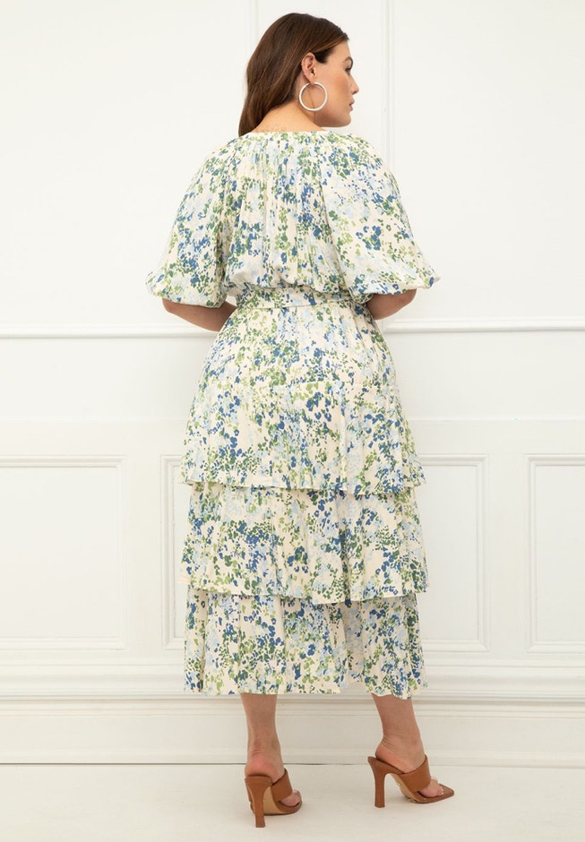 ELOQUII Elements Tiered Midi Dress With Tie image number null