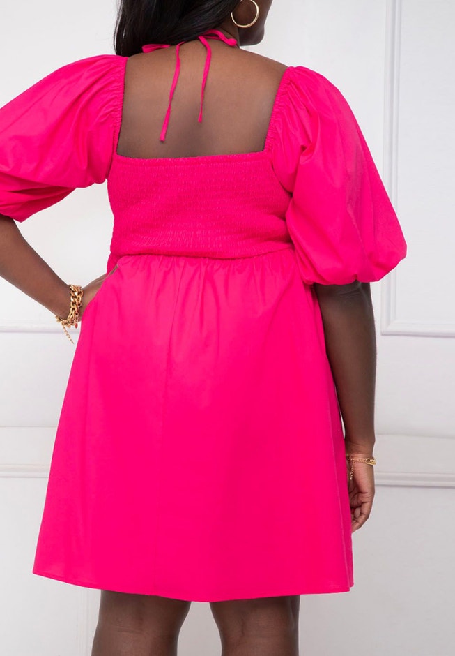 ELOQUII Elements Tie Neck Puff Sleeve Dress image number null
