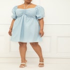 ELOQUII Elements Chambray Tie Neck Puff Sleeve Dress image number null