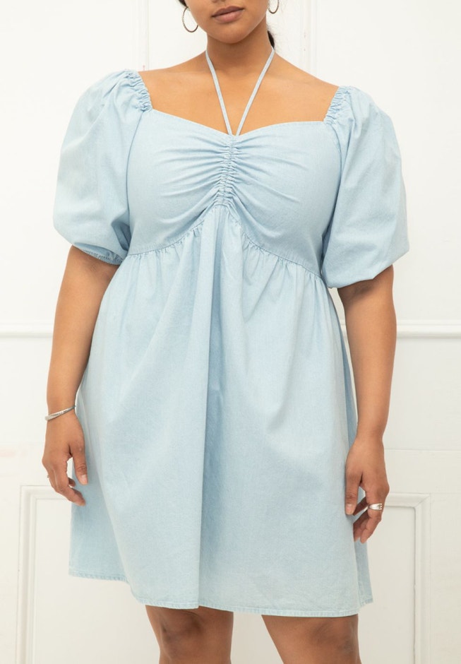 ELOQUII Elements Chambray Tie Neck Puff Sleeve Dress image number 2