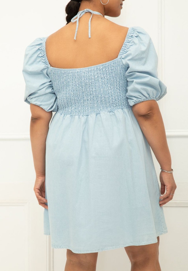 ELOQUII Elements Chambray Tie Neck Puff Sleeve Dress image number 3