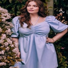 ELOQUII Elements Chambray Tie Neck Puff Sleeve Dress image number null