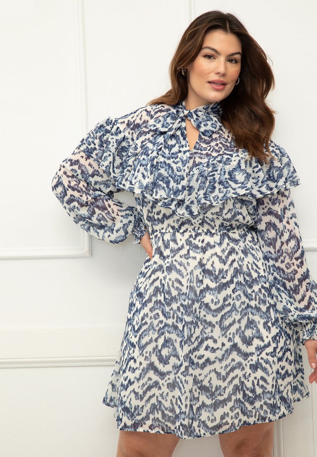 ELOQUII Elements Tie Neck Fit And Flare Dress image number 2