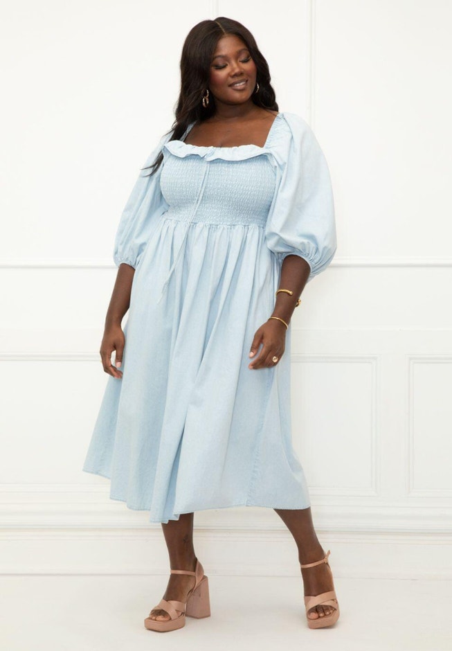 Smocked Bodice Chambray Dress - Midi Length, Light Wash | ELOQUII Smocked Bodice Chambray Dress - Midi Length, Light Wash | ELOQUII