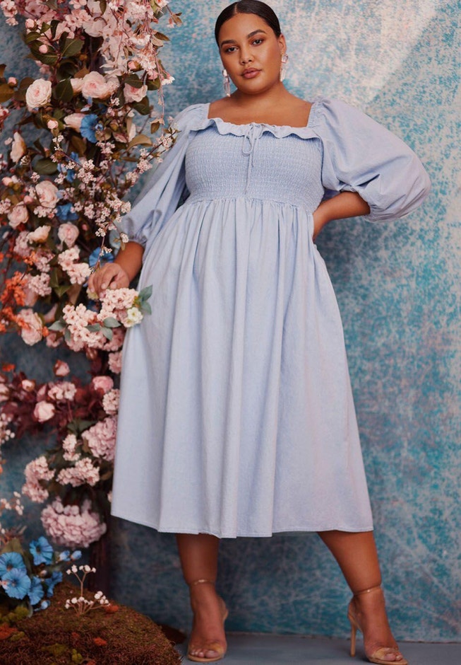Smocked Bodice Chambray Dress - Midi Length, Light Wash | ELOQUII Smocked Bodice Chambray Dress - Midi Length, Light Wash | ELOQUII