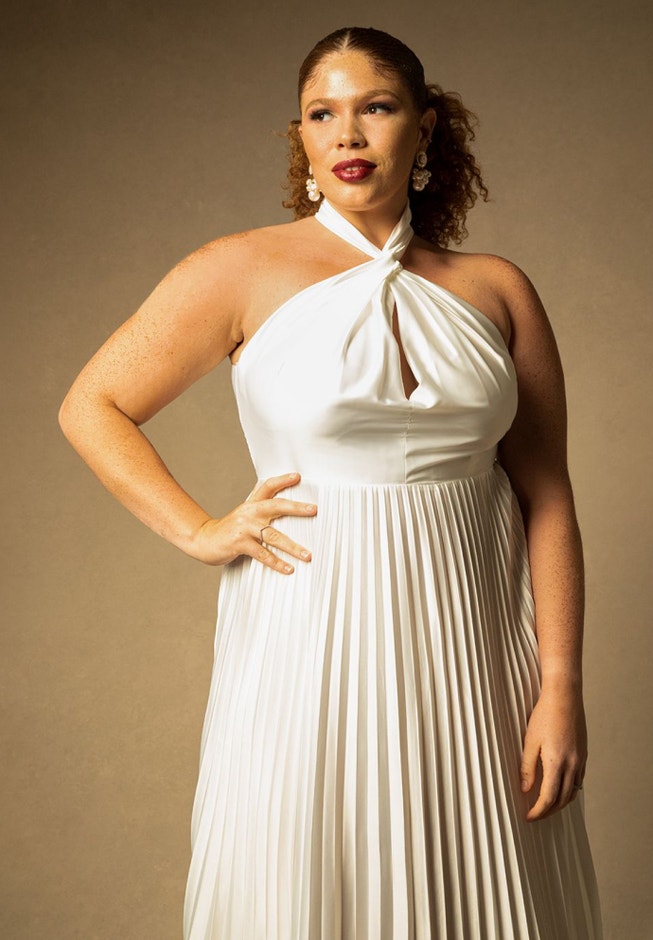 Bridal by ELOQUII Pleated Dress With Draped Bodice image number 1