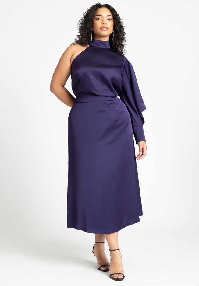 One Shoulder Satin Top With Draped Sleeve image number 2