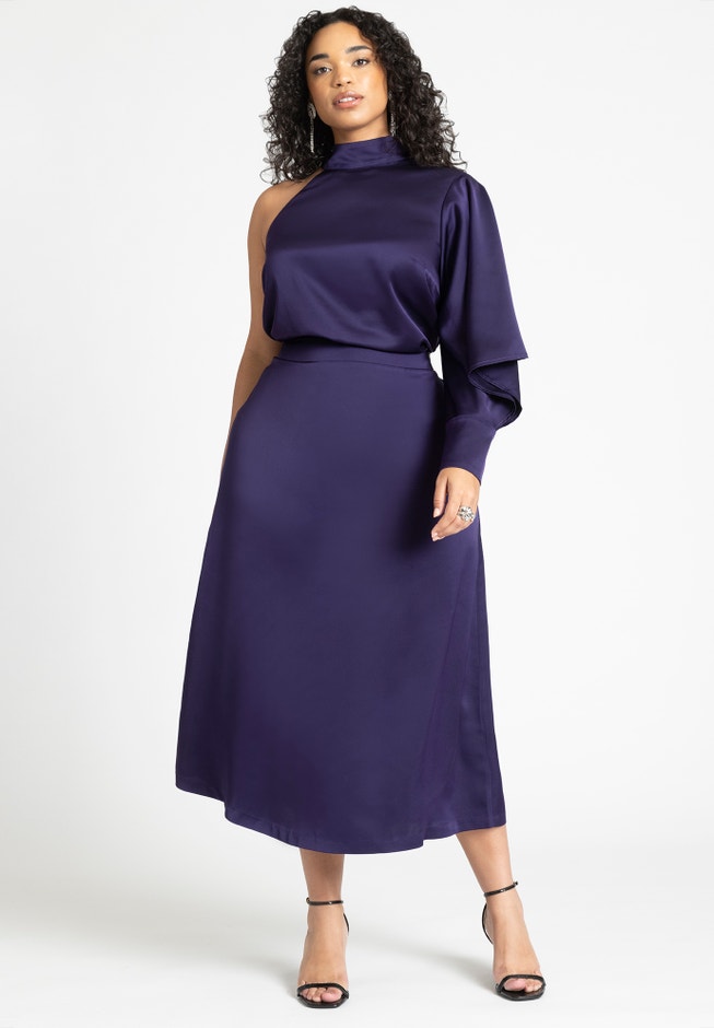 One Shoulder Satin Top With Draped Sleeve image number 3