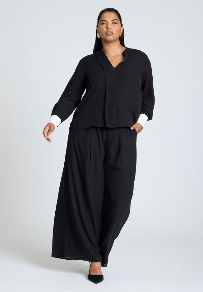 Neck Pleat Blouse With Contrast Cuff image number null