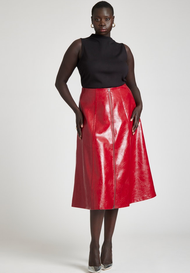 Patent Red Calf-Length Skirt, Close Fit, 4477479 ELOQUII