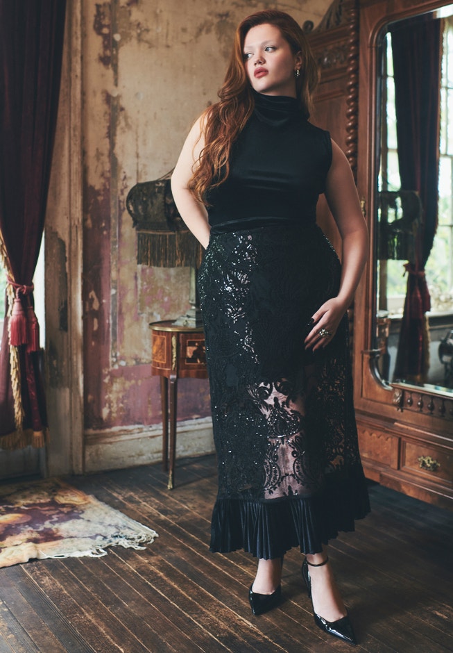 Tea Length Embellished Lace Sequin Skirt image number null