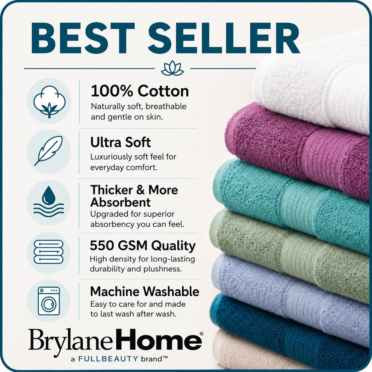 BH Studio 6-Piece 100% Cotton Bath Towel Set, 550 GSM image number 3